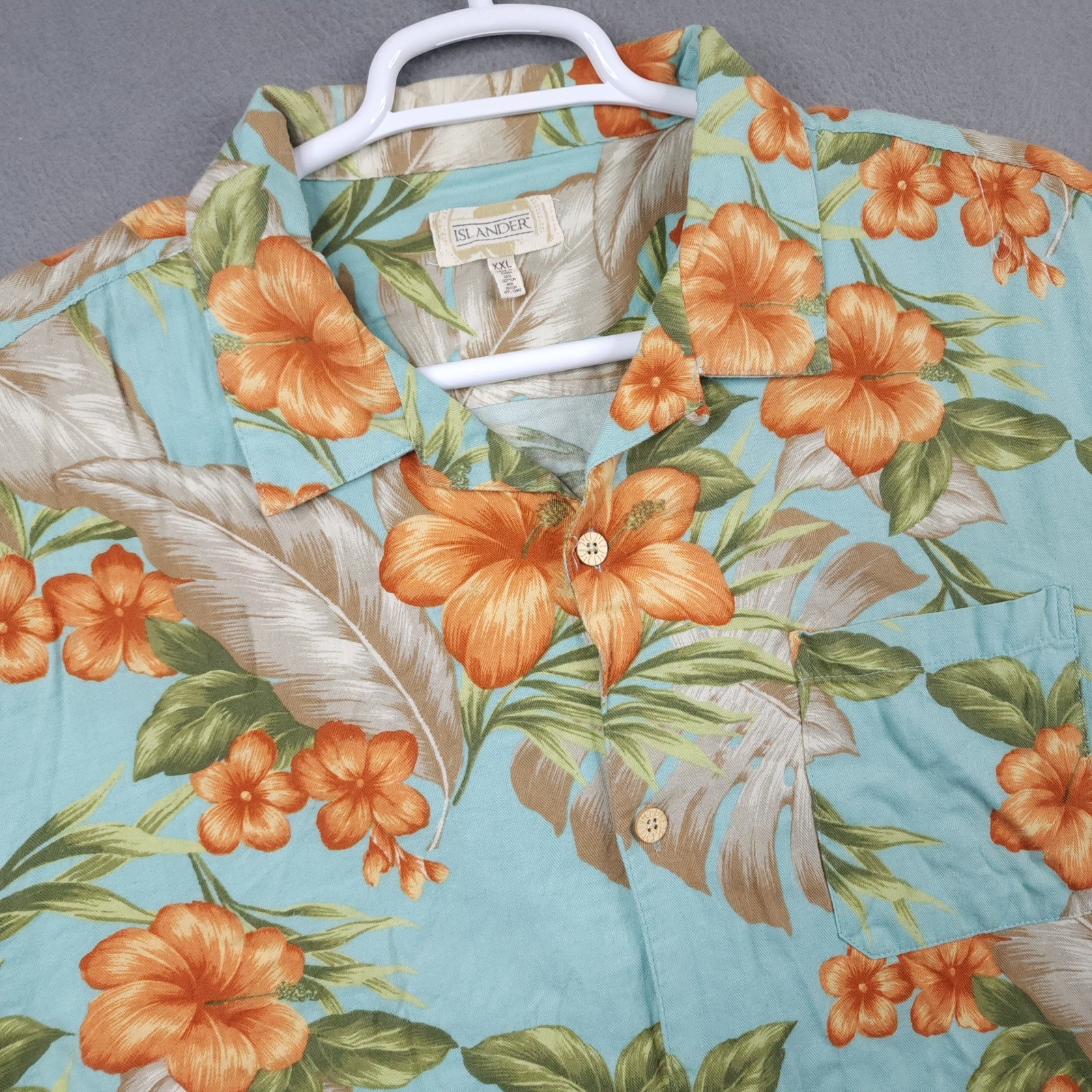 Islander Mens Xxl Hawaiian Button Shirt Blue Floral Hibiscus Rayon Loop Collar